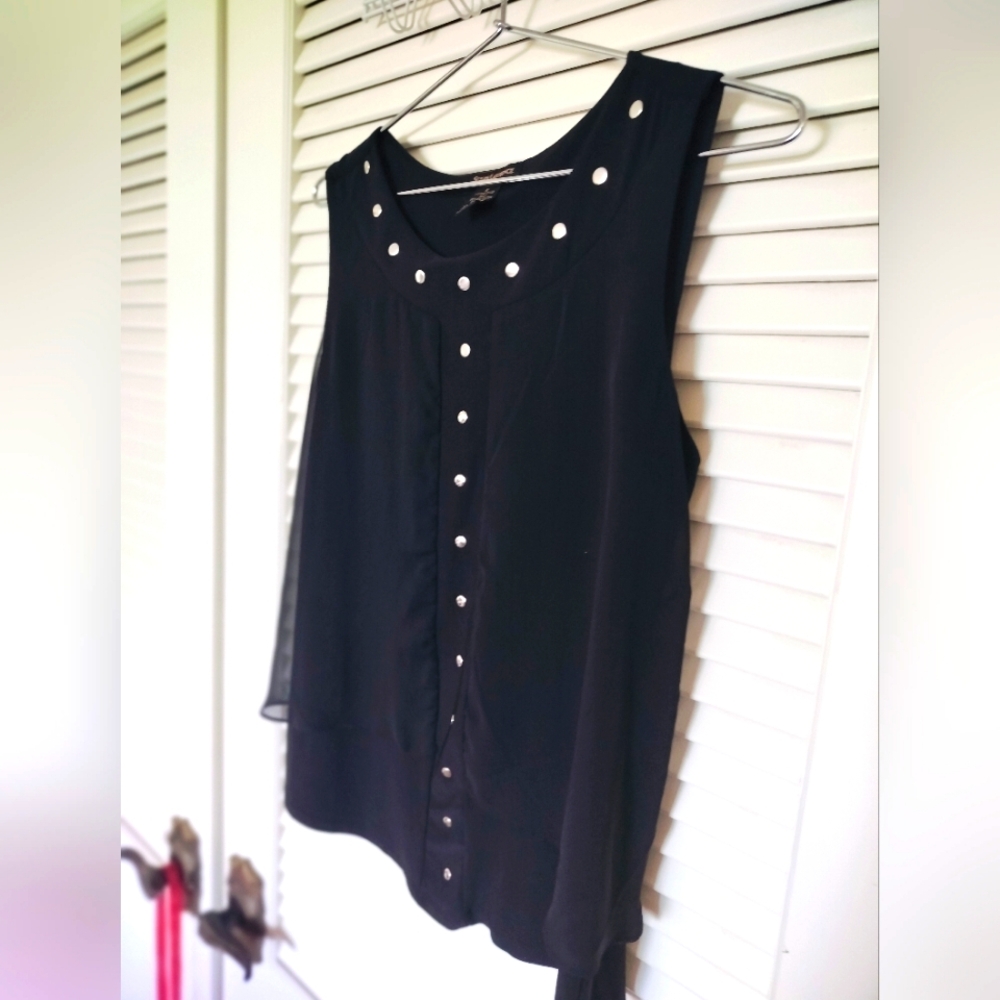 Susan Lawrence Black Sleeveless Top w/ Sheer Overlay Back & Silver Accents Small
